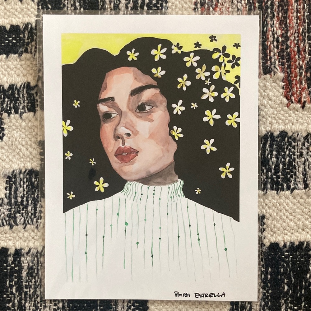 Artistic Portrait Print with Yellow Floral Accents